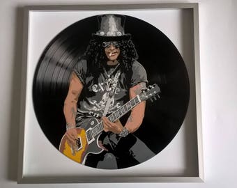 Slash peint sur disque vinyle - Encadré et prêt à accrocher. Art du disque vinyle