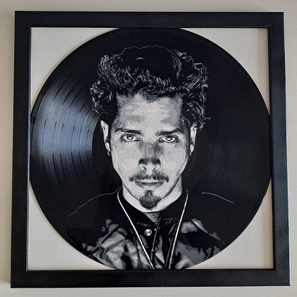 Chris Cornell painted on Vinyl Record - Framed and ready to hang. Vinyl record art