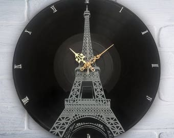 Paris Eiffel Tower painted retro vinyl clock