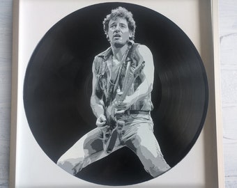 Bruce Springsteen painted on Vinyl Record - Framed and ready to hang. Vinyl record art