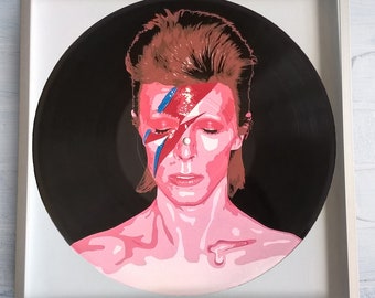 Aladdin Sane painted on Vinyl Record - Framed and ready to hang. Vinyl record art