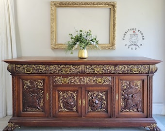 19th Century Antique Carved Horner Style Sideboard Buffet