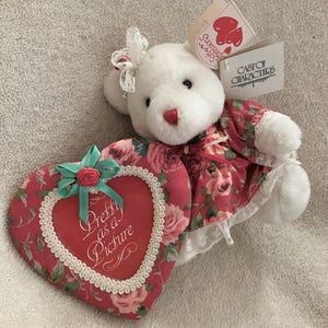 May include: White plush teddy bear wearing a pink floral dress with white lace trim. The bear is holding a red heart-shaped picture frame with a floral design and the text "Pretty as a Picture". The bear has a pink bow on its head and a red heart on its nose. The bear is sitting on a white surface. The tag on the bear reads "Cast of Characters".