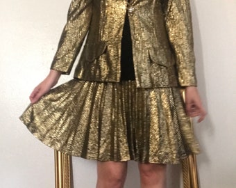 VINTAGE 2 piece Gold Metallic & black velvet blazer dress set