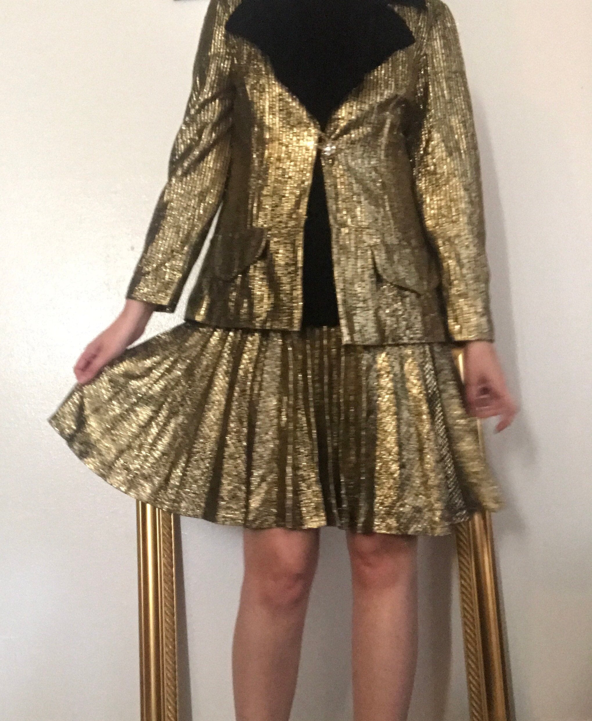 VINTAGE 2 Piece Gold Metallic & Black Velvet Blazer Dress Set - Etsy Israel