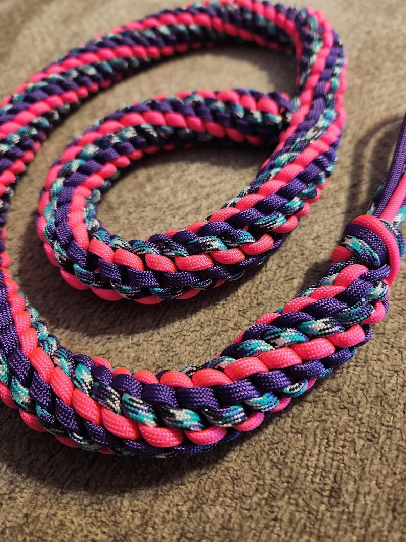 May include: A brightly coloured braided rope, featuring pink, purple, and teal strands. The rope is tightly woven, creating a thick, durable texture. The colours are vibrant and eye-catching, with a mix of solid and patterned sections. Likely used for crafting or pet accessories.