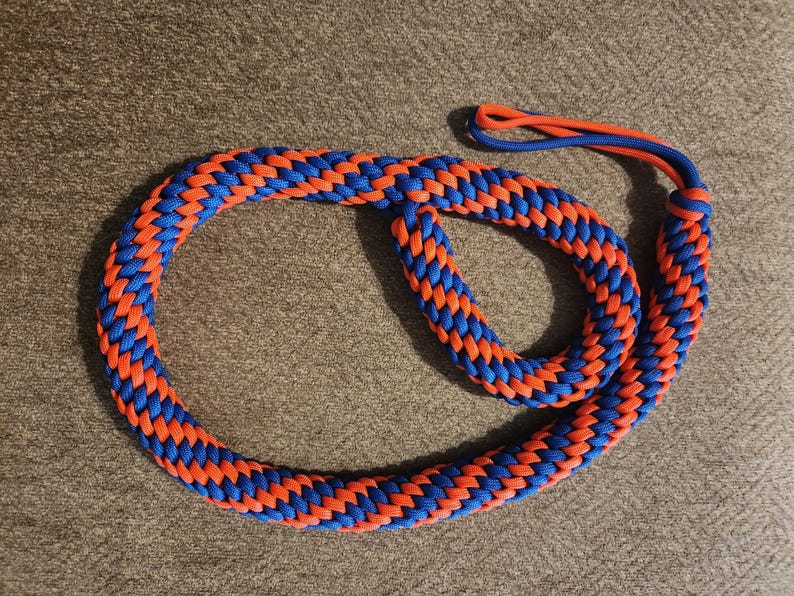 May include: A braided rope in a circular form, with a striking pattern of alternating blue and orange strands. The rope has a loop at one end and a smaller loop at the other, possibly for a handle or attachment.