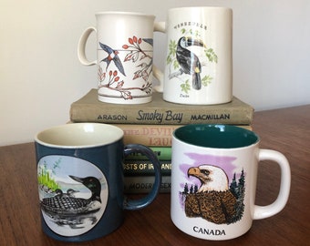 Set of 4 Vintage Bird Mugs - Eagle, Toucan, Swallows, Loon
