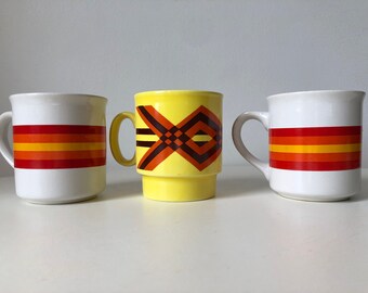 Mismatched Set of 3 Yellow, Orange, White and Brown Geometric Vintage 1970's Ceramic Mugs