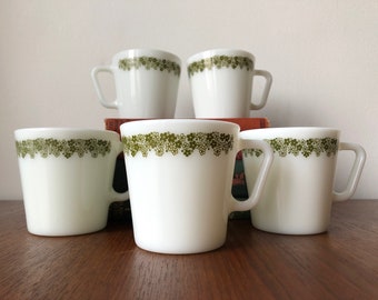 Set of 5 Green 'Spring Blossom' pattern Pyrex Mugs - 300 ml