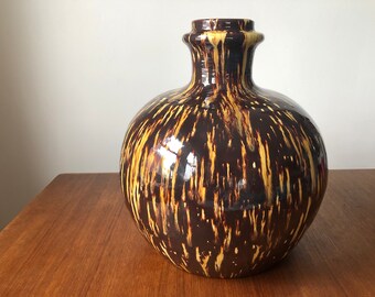 Large Round Ceramic Vase with Brown and Ochre Drip Glaze - 15" x 11.5"