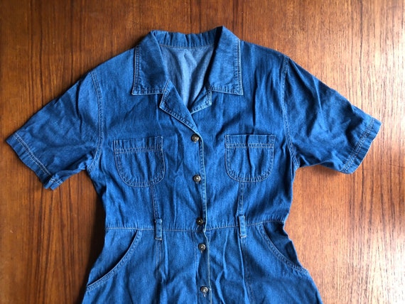 Vintage Button Up Collared Blue Denim Dress - Wome