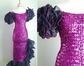 Vintage 1980s fuschia pink purple sequin party long dress, formal gown, organza puff ruffle sleeves and hem, hourglass stetch, small