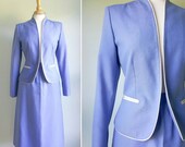 Vintage 1980s does 1940s periwinkle lavender blue suit, violet purple blue dress suit skirt and blazer jacket