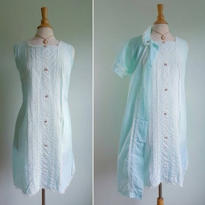 Vintage 1960s pastel mint green blue peignoir set, nightgown, robe, white lace trim pajamas, pink rosebud floral, small 34