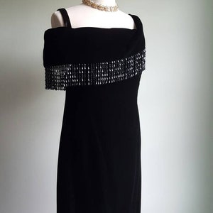 Vintage 1980s does 1920s 1930s black silky velvet deco beaded dress, off shoulder, beaded fringe shawl neck and hem, flapper look, party image 3