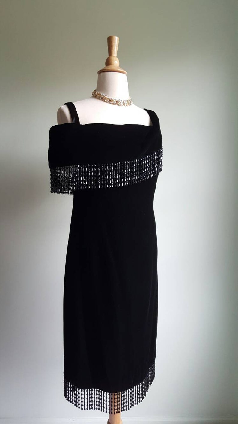 Vintage 1980s does 1920s 1930s black silky velvet deco beaded dress, off shoulder, beaded fringe shawl neck and hem, flapper look, party image 3