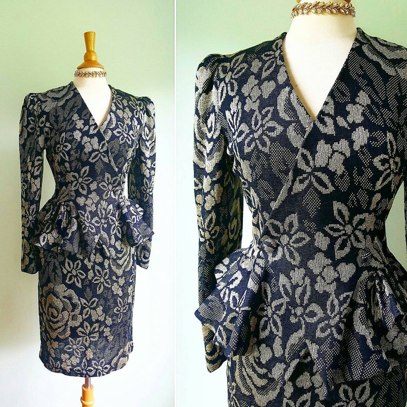 Vintage 1980s does 1940s skirt suit black and metallic gold woven floral puff sleeves blazer peplum jacket and pencil skirt formal dress