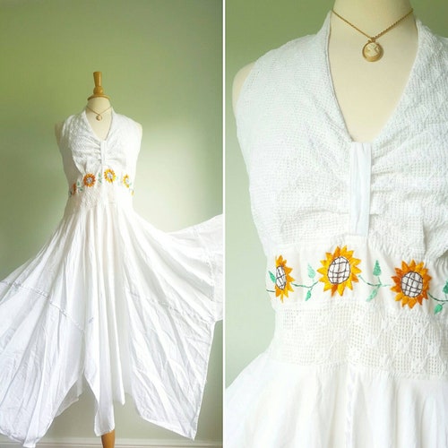 Vintage 1970s white gauzy cotton and embroidered sunflower halter dress, openwork lace bodice, ultra full skirt, handkerchief hem, shops M/L