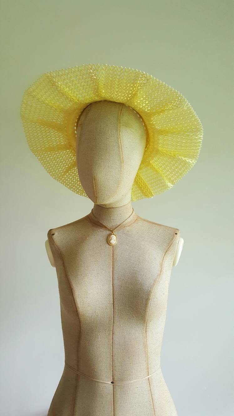 Vintage 1960s Yellow Floppy Wide Brim Hat, Sun Summer Woven Straw