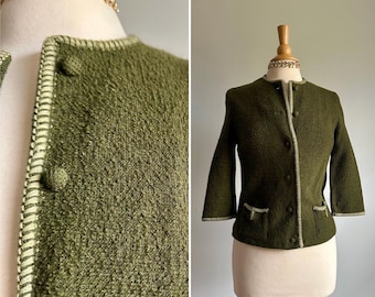Vintage 1950s wool olive green sweater cardigan, dress or casual, small sizes, Butte knit, cute with jeans, dress, skirt, blouse