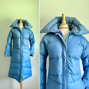 Vintage luxurious ultra full fluffy blue channel quilted long down coat, super warm, dress or casual puffer jacket