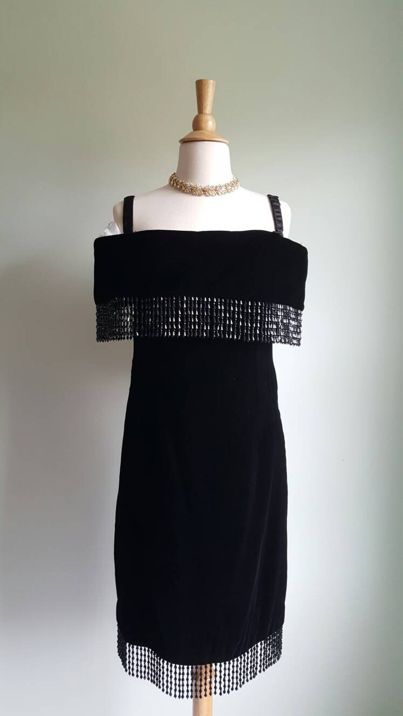 Vintage 1980s does 1920s 1930s black silky velvet deco beaded dress, off shoulder, beaded fringe shawl neck and hem, flapper look, party image 10