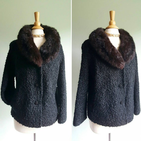 【BAON】Munches Boucle Wool Collar Jacket - Wool 60 Vintage 1950s 1960s Black Wool Boucle Coat, Fur Collar, 50s