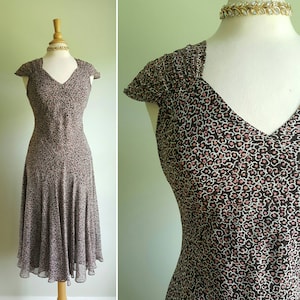 Vintage 1990s does 1930s pure silk floral dress, chocolate brown, pink ditzy floral, gathered shoulders cap sleeves, bias flutter hem, 8 med
