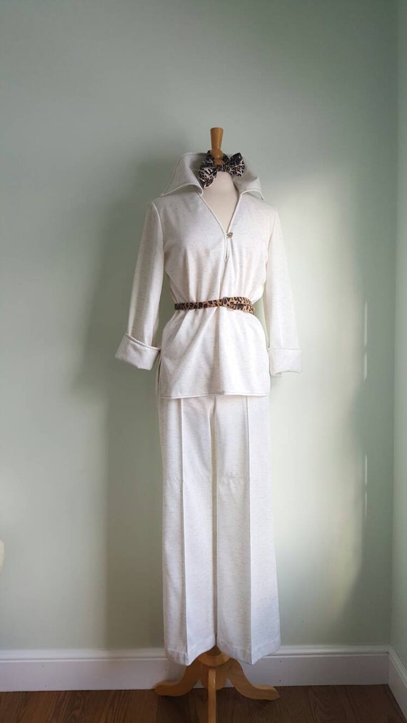 Vintage 1970s ivory heathered white linen look le… - image 2