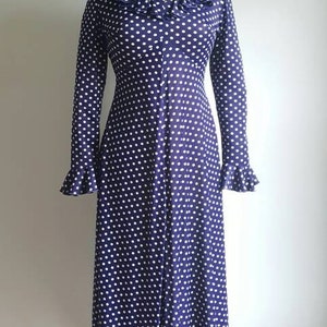 Vintage 1960s 1970s Navy Blue Polka Dot Long Dress, Long Sleeves, White ...