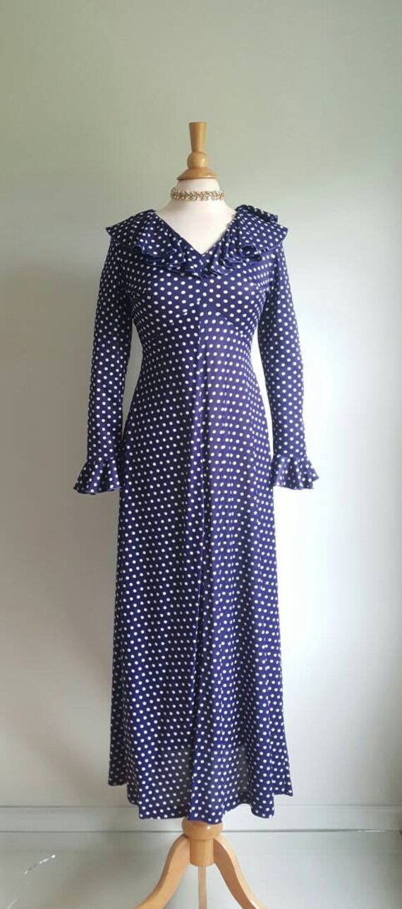 Vintage 1960s 1970s navy blue polka dot long dress, l… - Gem