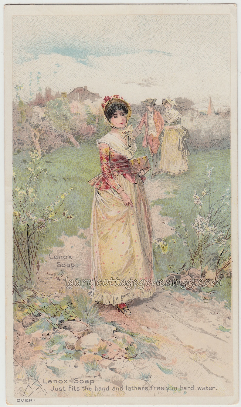 Puede incluir: Un anuncio antiguo de jab&oacute;n Lenox con una mujer con un vestido amarillo y una chaqueta roja caminando por un sendero en un jard&iacute;n. El texto dice "Lenox Soap Just Fits the hand and lathers freely in hard water."