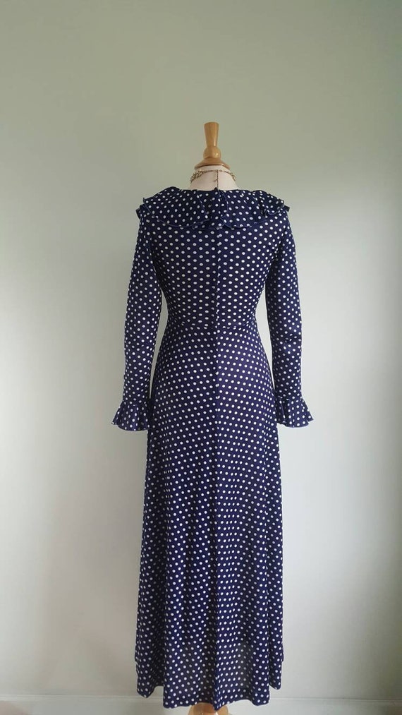 Vintage 1960s 1970s navy blue polka dot long dress, l… - Gem