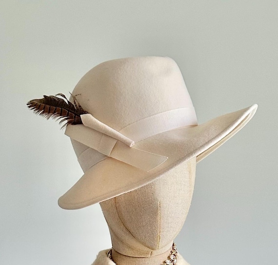 Cream Wide-Brim Fedora Hat with Feather Trim s-l400.jpg main image 3