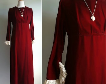 Vintage 1960s 1970s red silky velvet dress, Lorrie Deb gown, empire waist, long lace sleeves, Edwardian Victorian look, party formal wedding