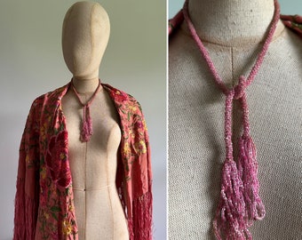 Antique vintage 1920s 1930s beaded lariat fringe necklace, rose pink, flapper art deco era, formal dress or casual