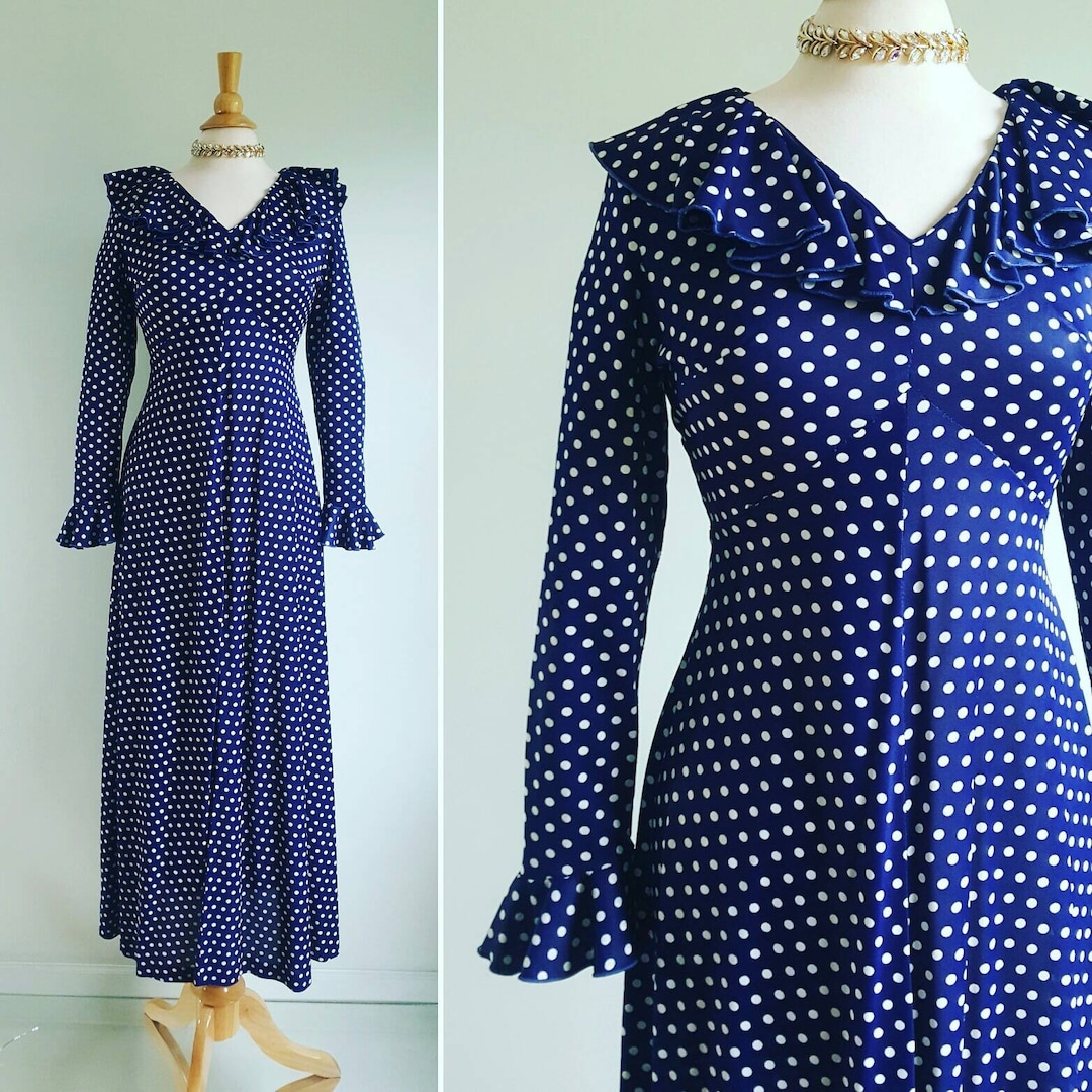 Vintage 1960s 1970s Navy Blue Polka Dot Long Dress, Long Sleeves, White ...