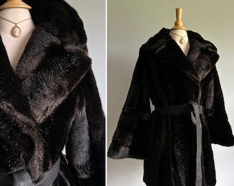 Vintage 1970s does 1920s 1930s dark inky faux fur mink look coat, kimono bell sleeves, big collar, formal dress or casual, brown black