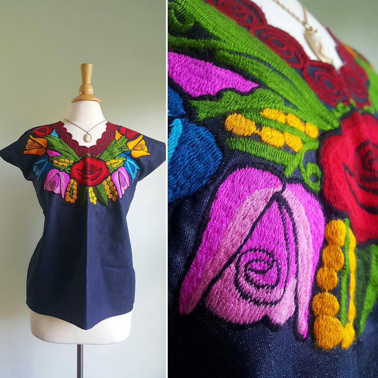 Vintage Mexican floral embroidered top, dark navy blue shirt, butterfly cap sleeves, pink orange yellow blue green flowers, casual dress