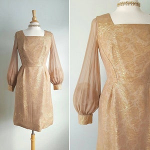 Vintage 50er 1960er Metallic Gold Formkleid, chiffon Ballonärmel, Cocktailkleid, Hochzeit, Party, besonderer Anlass, medium
