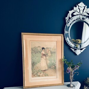 Vintage antique 1800s Victorian, Edwardian art lithograph, Village Belle by Percy Moran, eggshell paper; poster advertising, late 1800s imagen 2