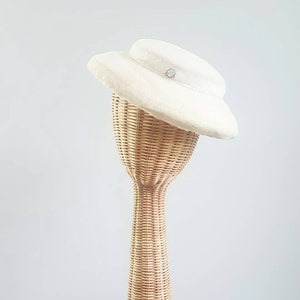Vintage 1950s 1960s tilt brim cream hat, aurora borealis stone, faux fur mohair, satin ribbon bow, cocktail dress formal party wedding bride