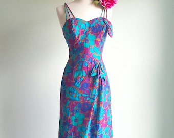 Vintage 1950s Hawaiian dress, tropical floral print, pencil hourglass, purple, blue, teal, gold, tiki look, Alix of Miami