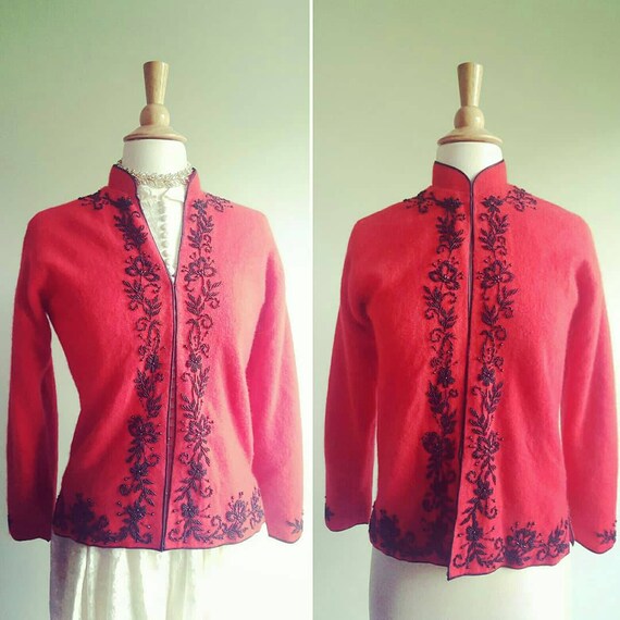 RESERVED | Vintage 1950s red angora beaded dress c