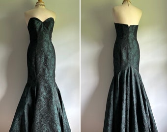 Beautiful dark emerald green jacquard damask floral rose mermaid gown, long formal dress, strapless sweetheart, wedding, prom, occasion, 8