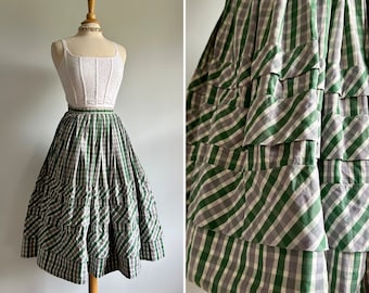 Vintage 1950s gingham plaid tartan cotton circle skirt, full flare, A line, formal dress or casual, green white gray check, waist 24/24.5