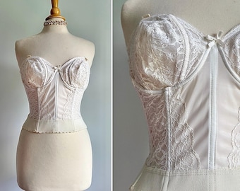 Corsé bustier vintage blanco de encaje, etiqueta ILGWU azul y blanca, década de 1960, vestido formal o casual, vestido sin tirantes, I Owe It All to Goddess, 36 C