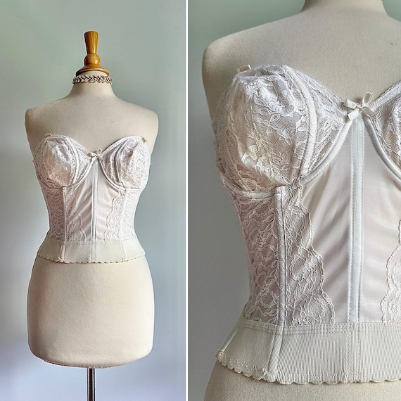 Vintage White Lacy Corset Bustier, Blue Bad White ILGWU Tag, 1960s 