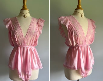 Vintage 1980s pink lace teddy babydoll nightie, nightgown lingerie, lace one piece, medium